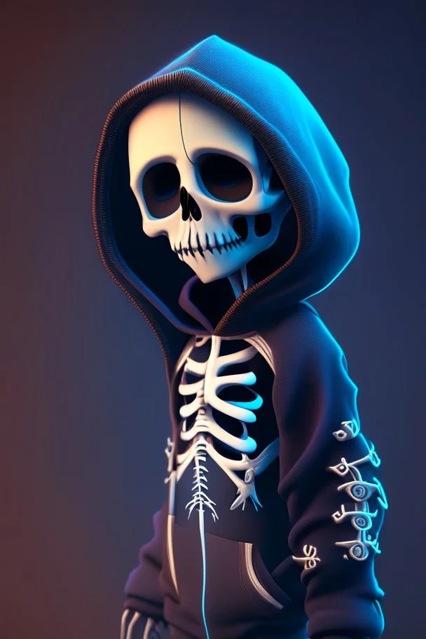 8k animation image of an attractive skeleton boy, dressed in trendy hoody, in the style of tim burton