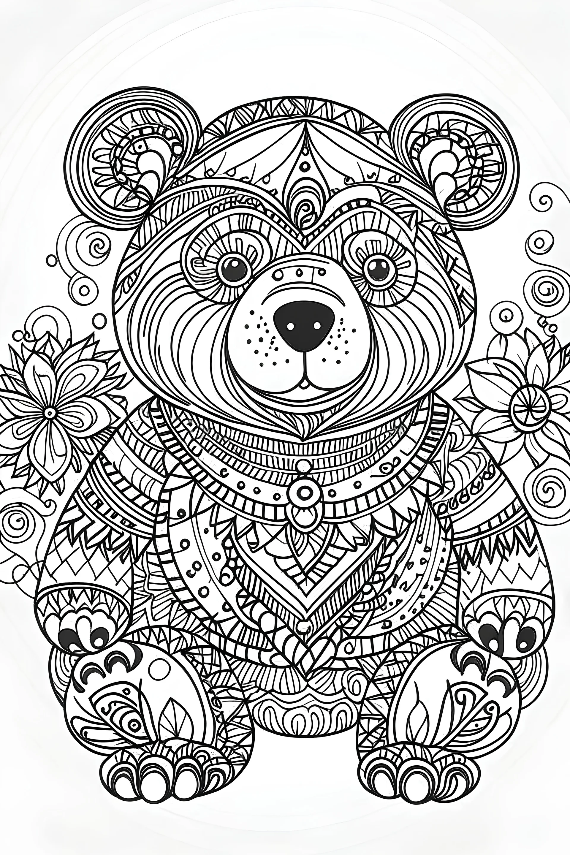 Outline art for coloring page, BOHEMIAN HAPPY TEDDY BEAR, coloring page, white background, Sketch style, only use outline, clean line art, white background, no shadows, no shading, no color, clear