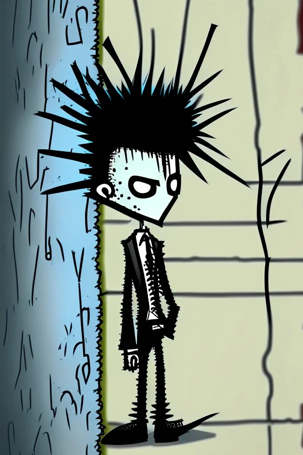 2d drawing of a stickman, cool with punk hair, x eyes like in hangman, smart suit, leaning against a wall,3d realistic in colour