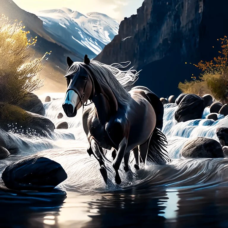 imagine prompt:a wild horse running in the creek, snowy mountains in the background, waterfalls, river running across, RAW photo, 8k quality, rays of light Modifiers: cinematic lighting dynamic lighting 4K 3D hdr Ultra realistic black ink Craig Rutkowski