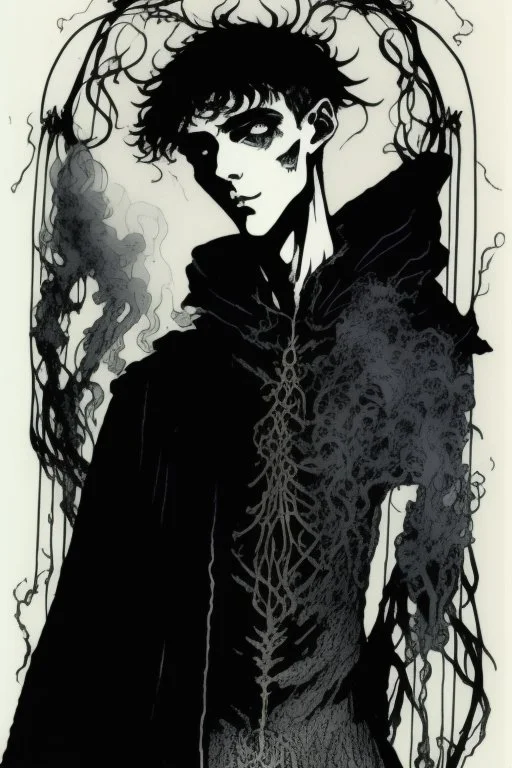 17 year old boy, necromancer, friendly, looks dead, surrounded by weird smoke with eyes, wearing black robes, in the style of Harry Clarke