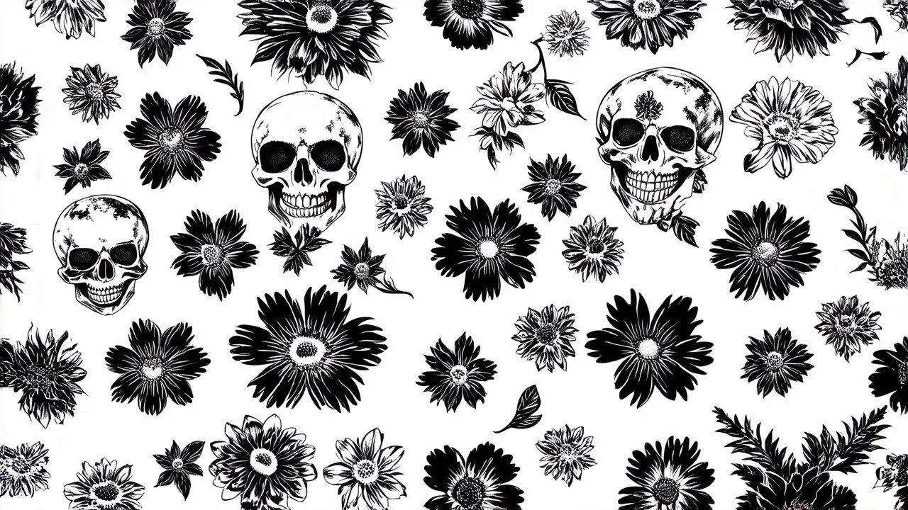 tracery of flowers and skulls, black and white, Maximum minimalism