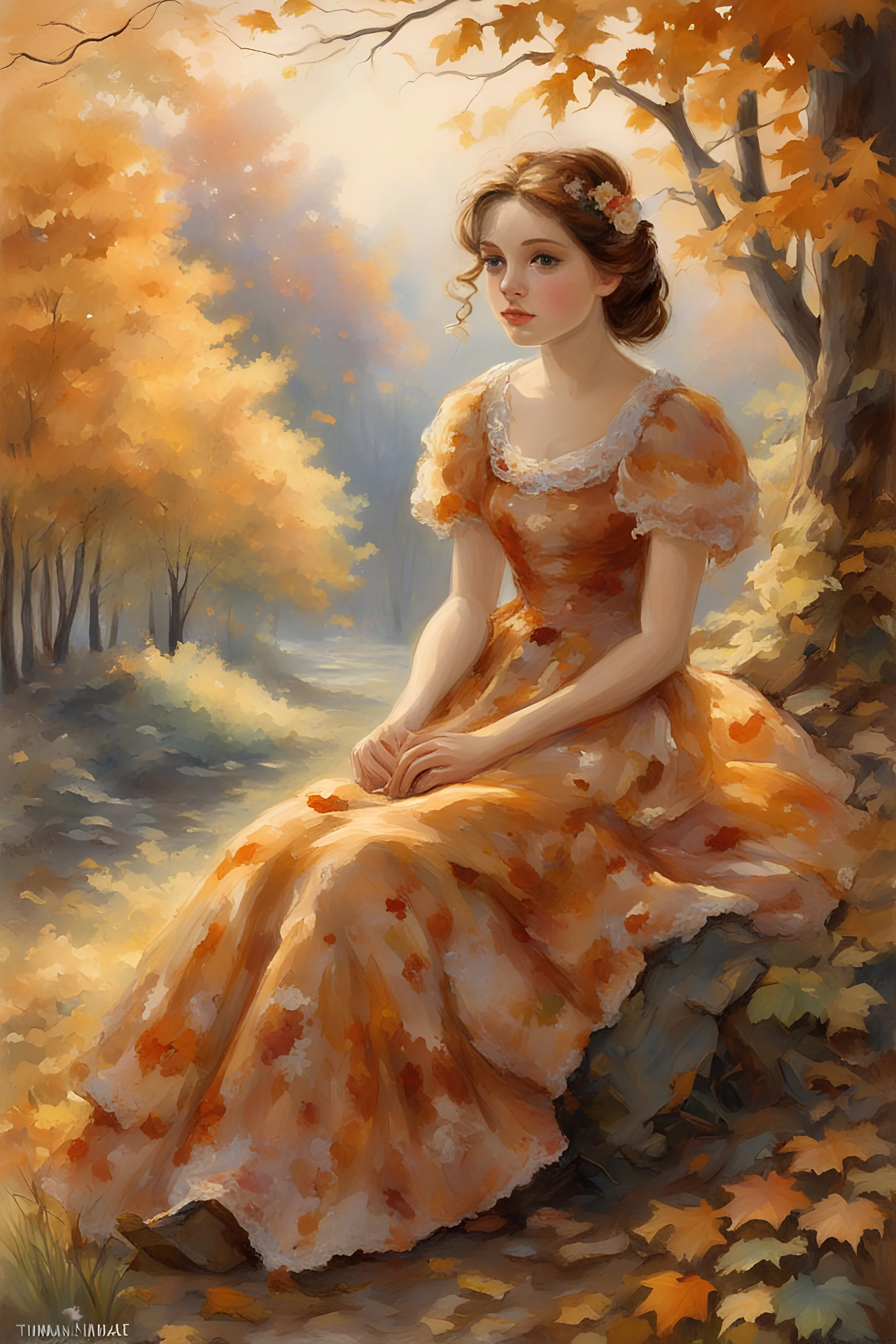 a girl, sitting, in warm autumn colours dress, gouache, ethereal fantasy Thomas Kinkade