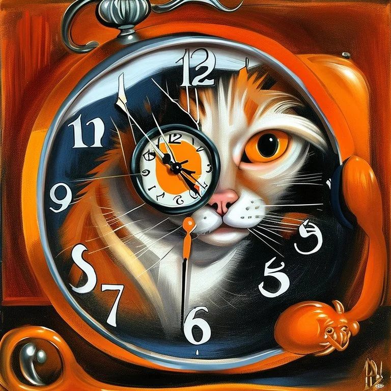 Orange longhairs cat with a clock, surrealism in the style of Salvador Dali