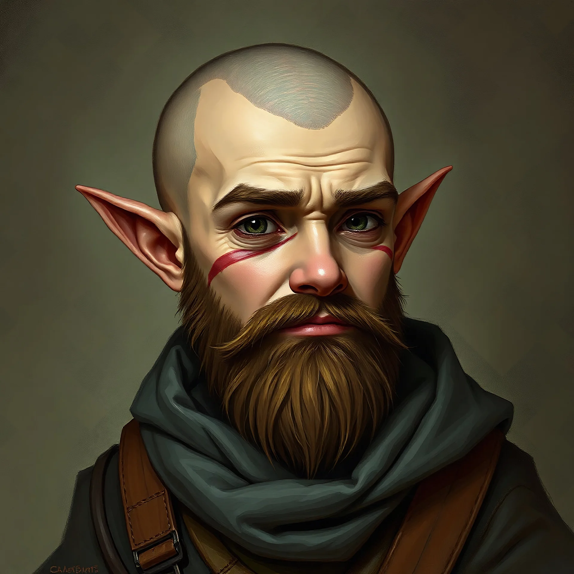 portrait of young bald bearded halfling