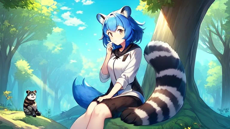 Girl, blue hair, raccoon ears, raccoon tail, raccoon face, forest, sit on tree, raccoon paws on hand, paws on foot,