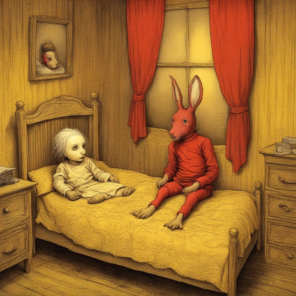 Fever Dream, in child's bedroom leering velveteen rabbit doll with fangs foaming at mouth, surreal sketch by John Kenn assisted by Zdzislaw Beksinski, sinister, creepy, complex color pen illustration, feverish surreal, artistic diffusion at borders, psychedelic yellow and red colors.