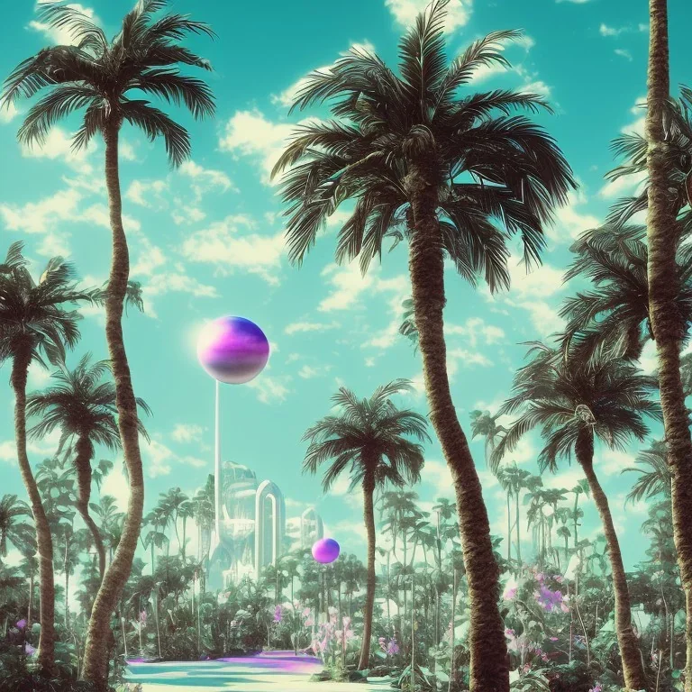 1980's aesthetic vaporwave palm trees with ufo