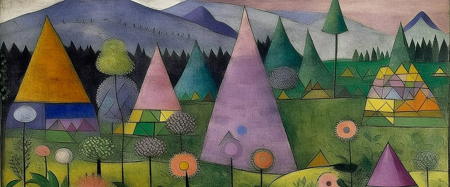 Purple peaks with a garden painted by Paul Klee