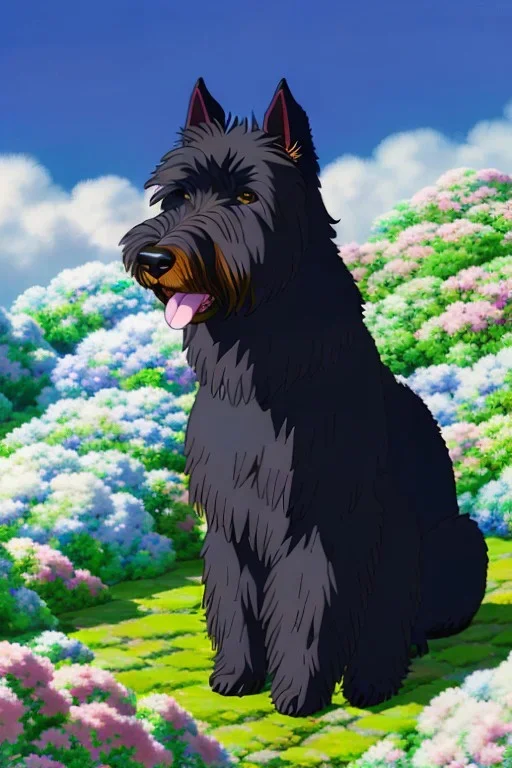 Kerry blue terrier, black dog breed, happy, art style by studio ghibli, highly detailed, sitting in the sunlight, 8k, HDR