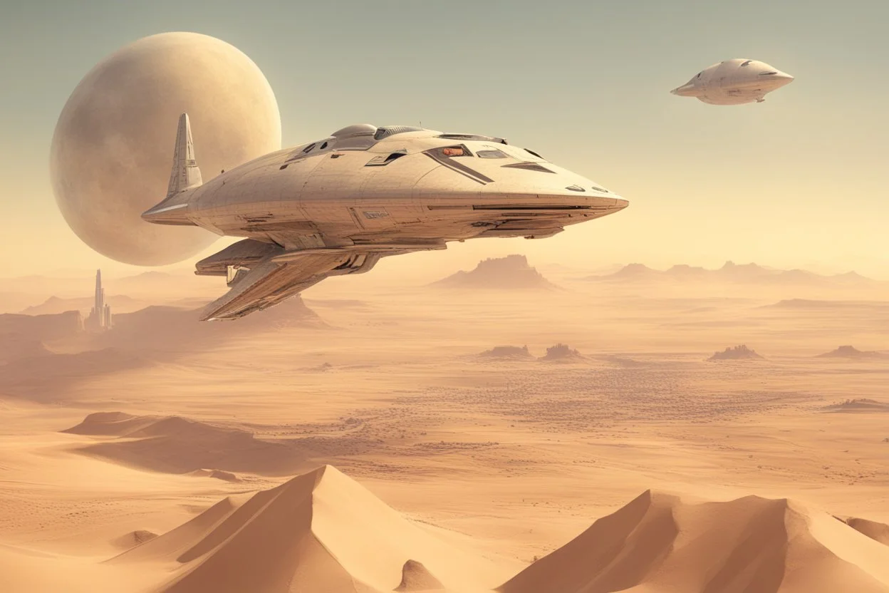 spaceship flying low over a desert city