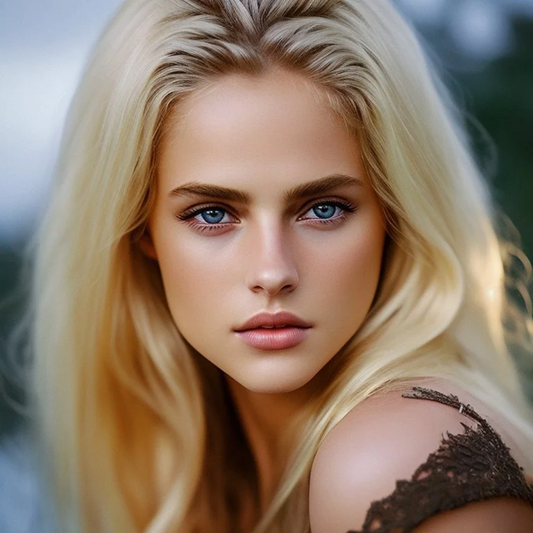 Photorealistic headshot of a beautiful blonde warrior