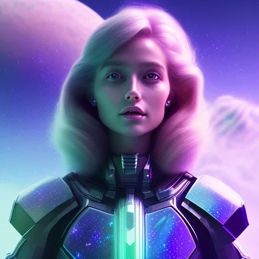 A portrait of a transparent crystalline girl,smiling, longs blond hairs, green eyes, galactic skirt, atmospheric, realistic, cinematic lighting, octane render, purple and blue sky, nebula, stars, planets in background, spaceship in background