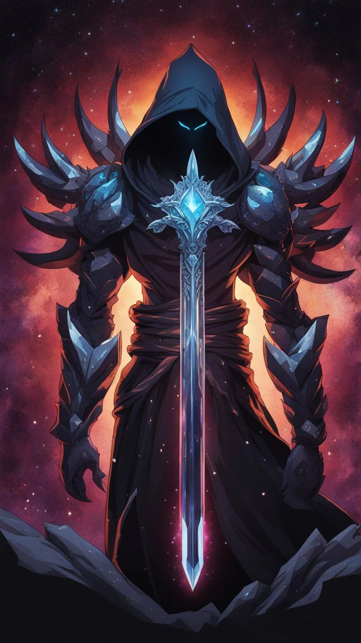 Huge Monster Multiarms, six arms, hoodie, cover face, crystal sword, crystals arm, galaxy face, solo leveling shadow artstyle , high details, intricate details, highly detailed