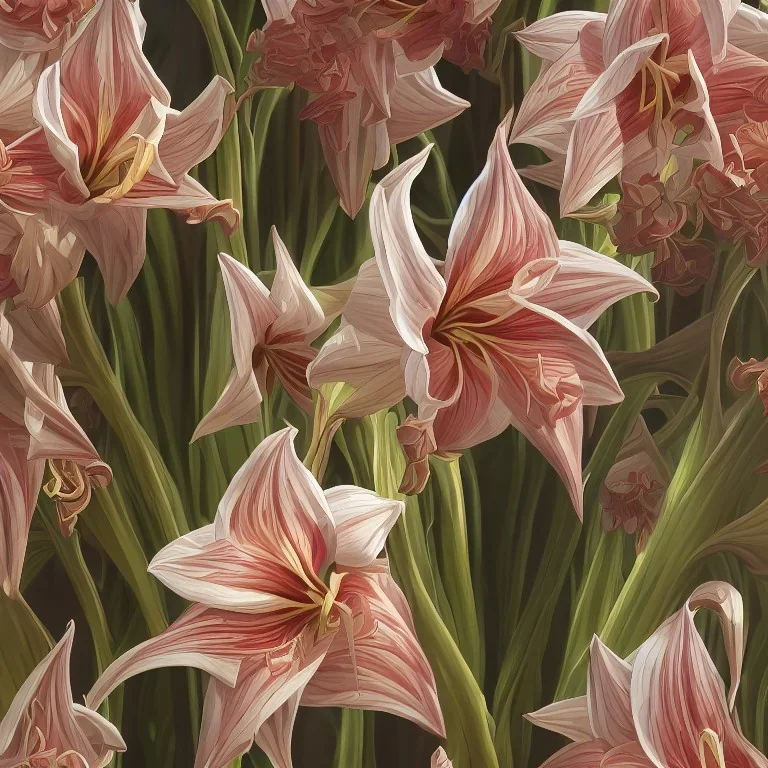 A highly detailed oil painting of intricate Amaryllis flowers, seamless pattern, Dark Academia