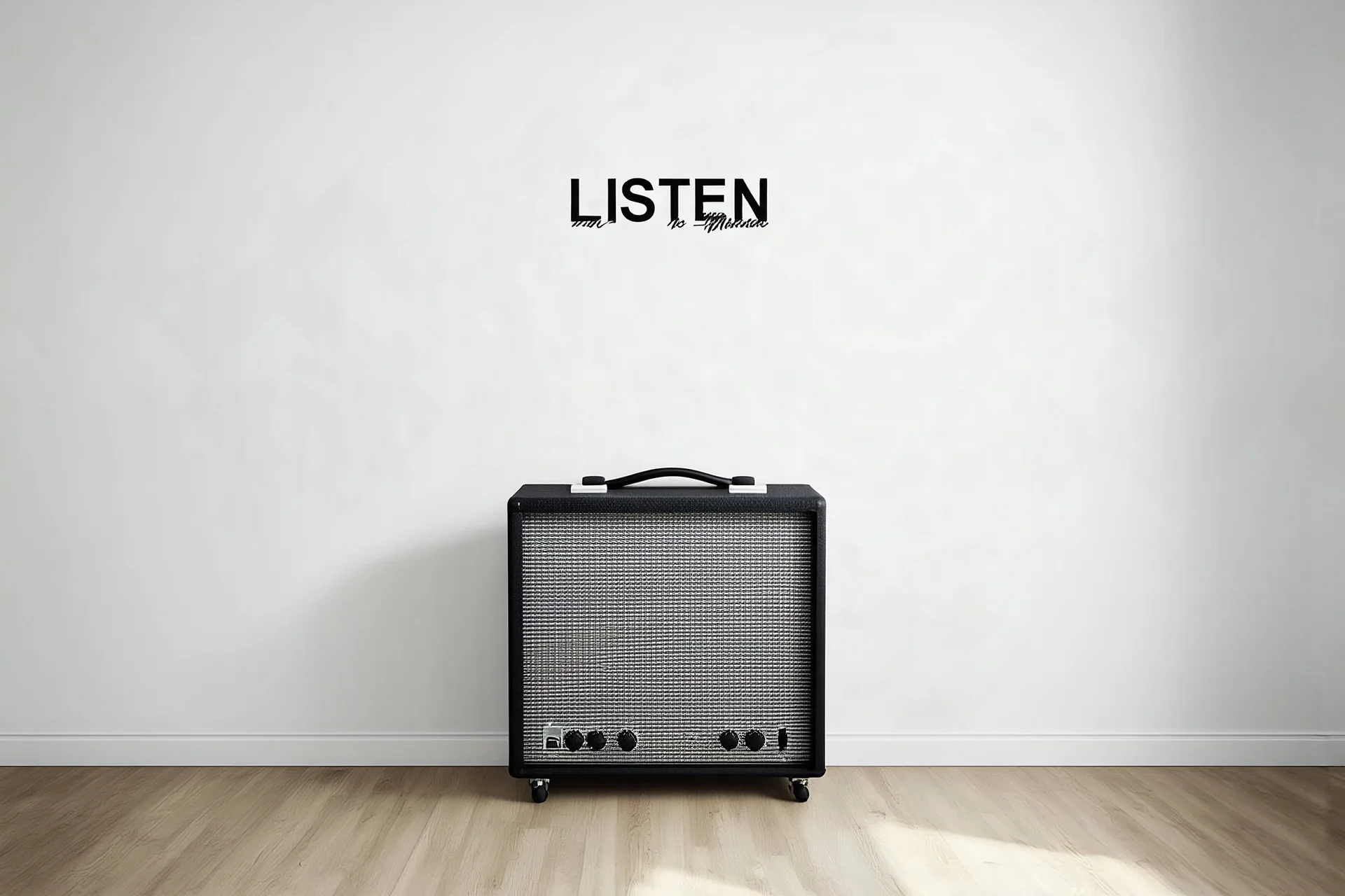 Une pièce vide et blanche, un ampli tout au au fond, sur le mur il est écrit LISTEN, liminal atmosphere