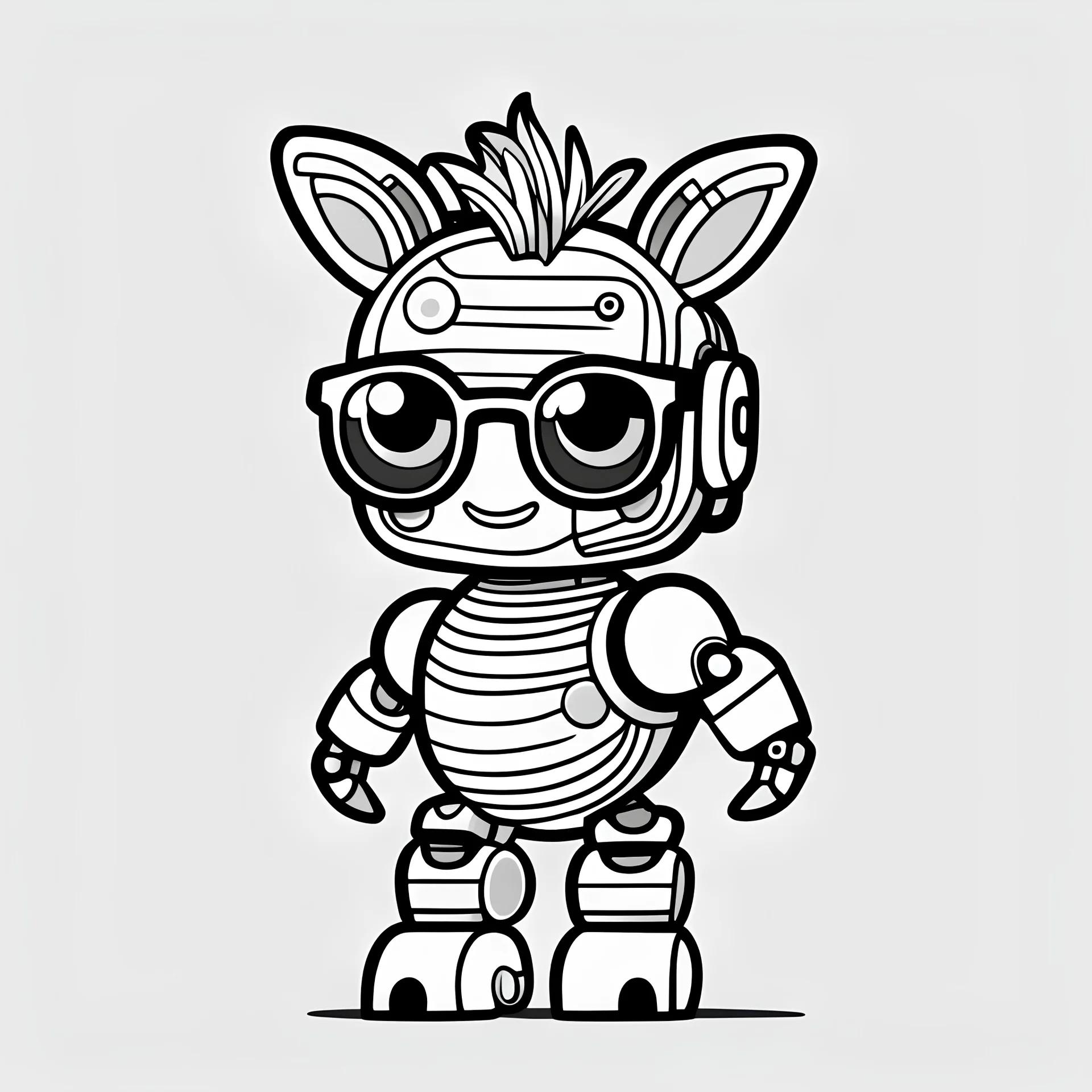 coloring page, no shadow, no shading , minimalistic art , High Quality Pixels a Cute and Playful kawaii Zebra robot, add sunglass , thick line , blod line, very low details, with white background, simple coloring page