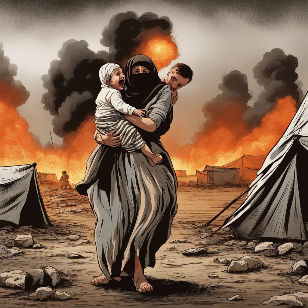 A Palestinian woman wearing the Palestinian dress carries her dead son as she screams and cries at night, with explosions in refugee tents behind her.