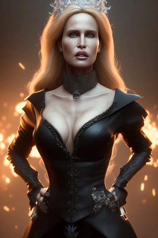 Daryl Hannah as evil queen in black leather, busty, cleavage, angry, stern look. character design by fenghua zhong. unreal engine 5, artistic lighting, highly detailed, photorealistic, fantasy