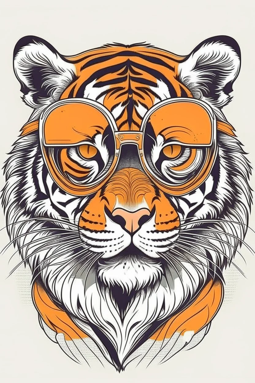 TIGER wearing sunglasses, Style: Retro 80s, Mood: Groovy, T-shirt design graphic, vector, contour, white background.