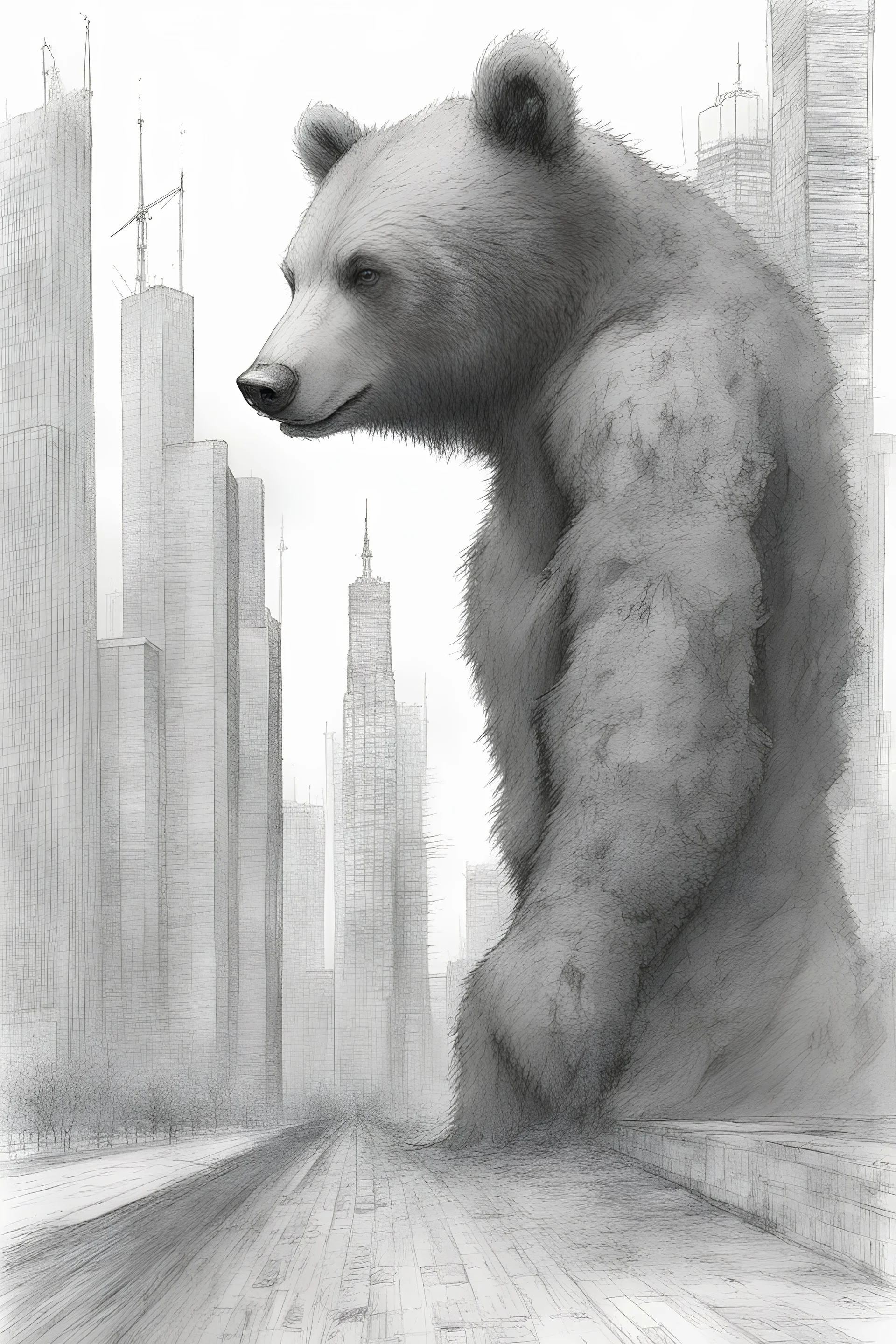 A humanoid bear in the city against the background of high-rise towers, 2500 A.D., black pencil, sketch, Dmitry Kustanovich