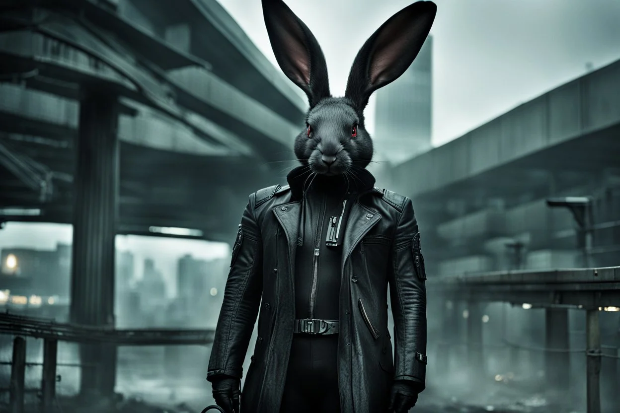 Cyberpunk black rabbit. Photograph.