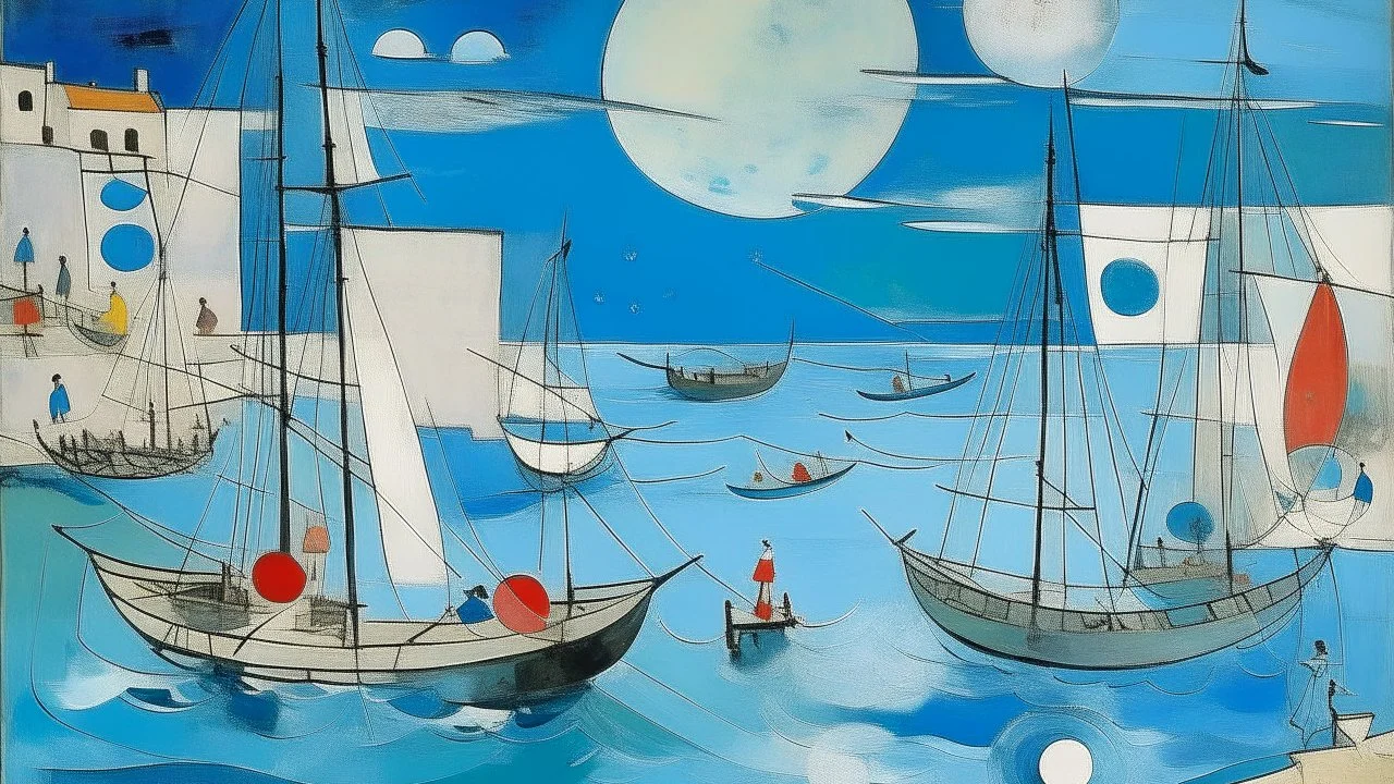 A light blue cove with washed up ships painted by Wassily Kandinsky