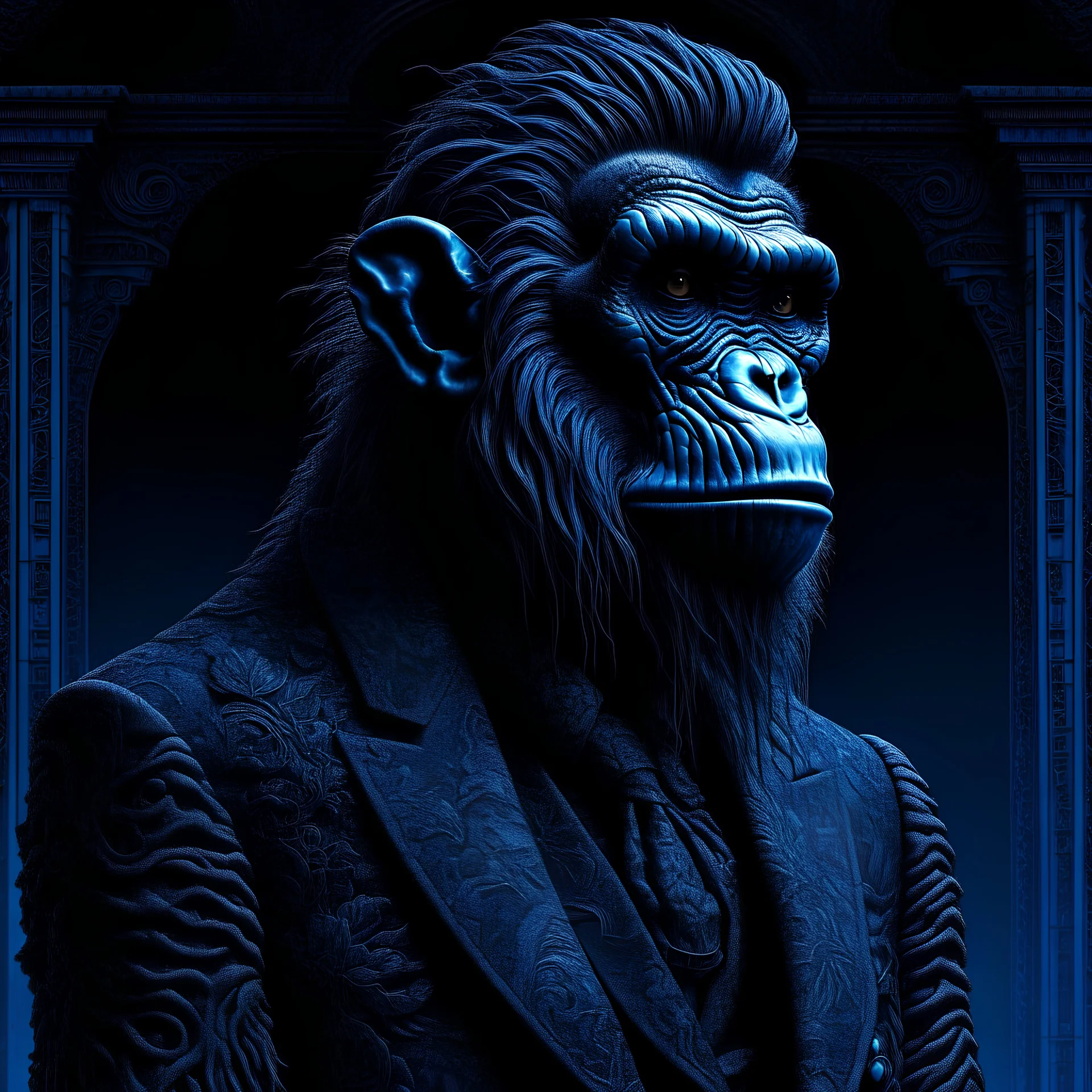 Upscale orkand almost leads to the extinction of ape in an accurate revenge scheme,Dramatic, dark and moody, inspired style, with intricate details and a sense of mystery Blue background