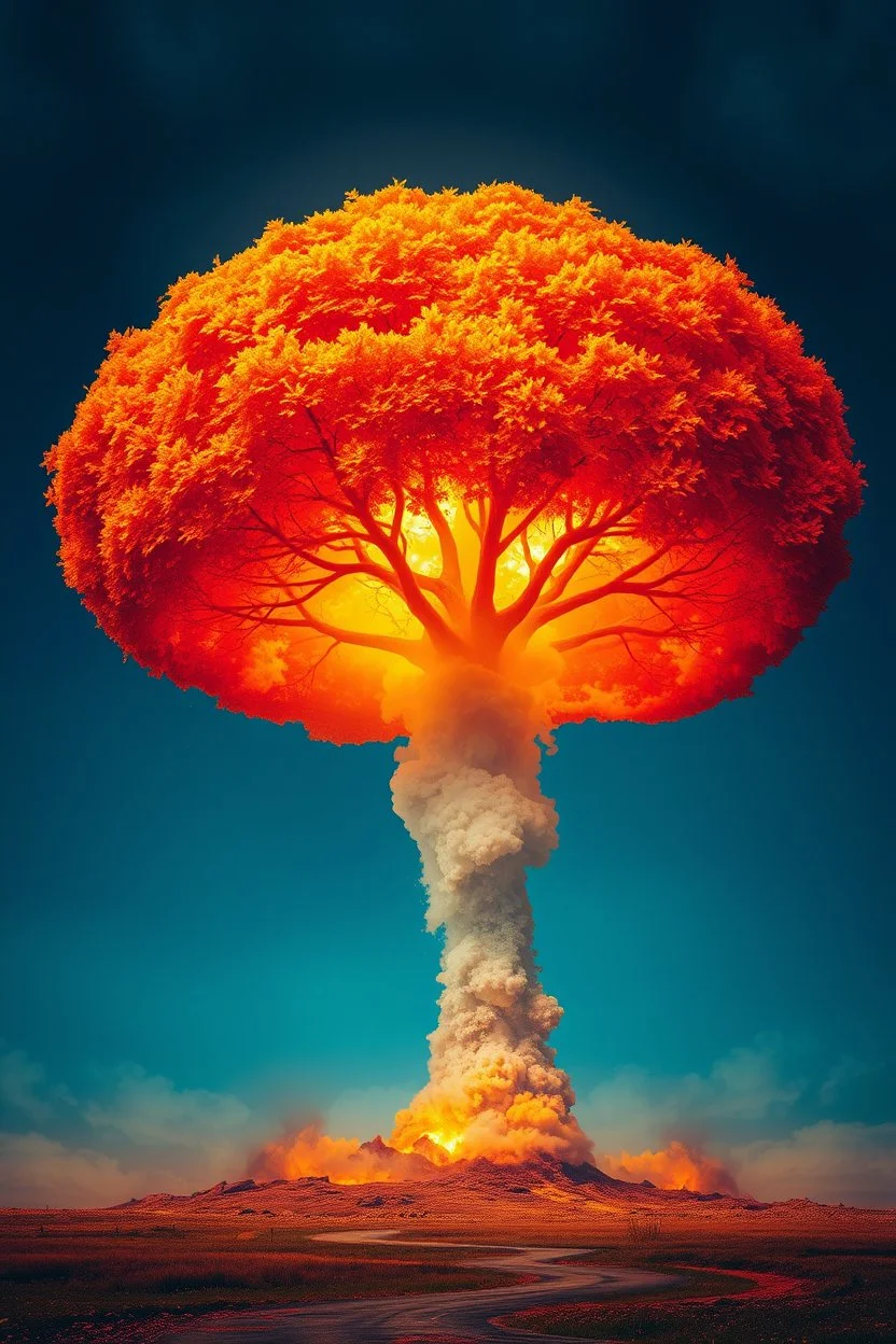 a nuclear explosion mushroom cloud that looks like a autumn tree full of leaves