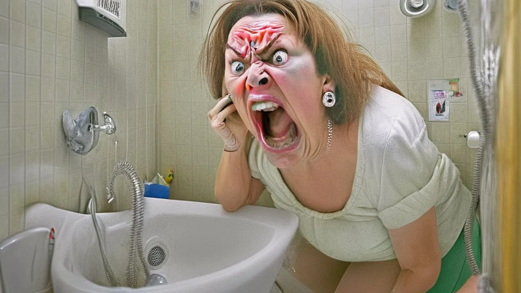 angry lady on the phone in the bathroom near sink