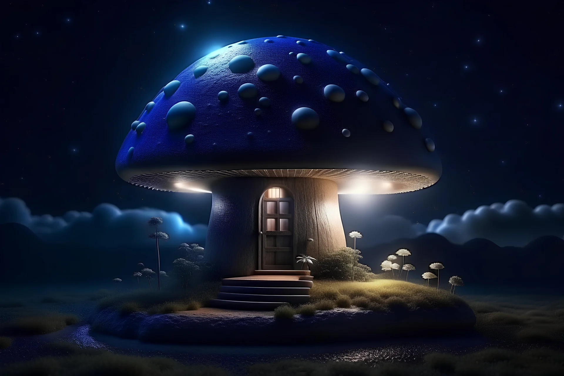 mushroom house with light inside on a darkest night and a flying magical sphere with aura