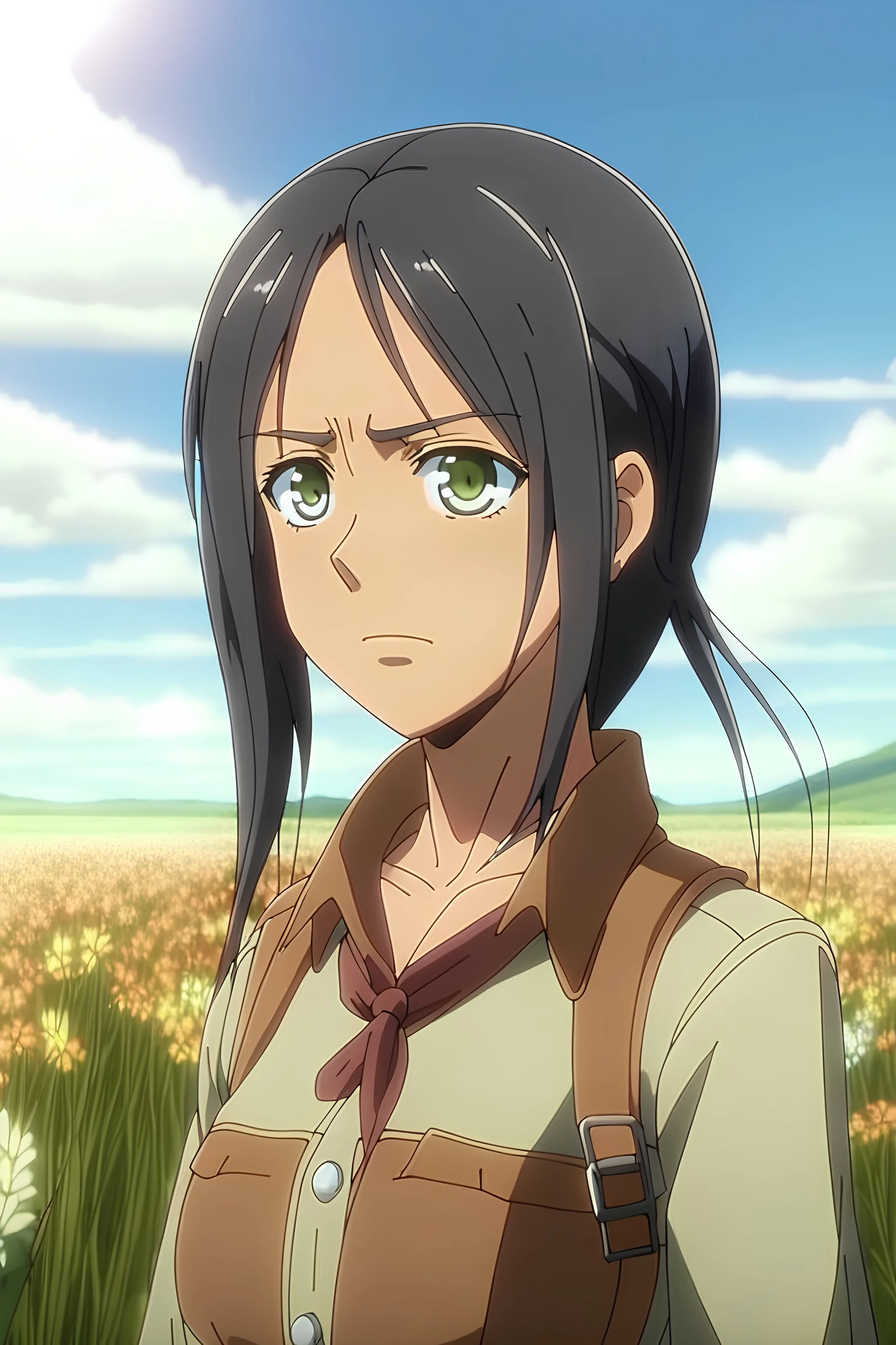 Attack on Titan screencap of an asian female with middle long, straight black hair and brown eyes. Beautiful background scenery of a flower field behind her. With studio art screencap.