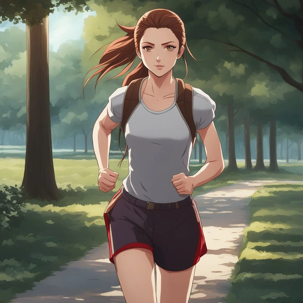 An Arrogant-Looking Young Woman With Pale Skin, Red Eyes, And Long Brown Hair Pulled Up In A Single, Straight Ponytail. Jogging in the park. Anime Style, High Definition, Greg Rutkowski, 8k Resolution, Intricate Details