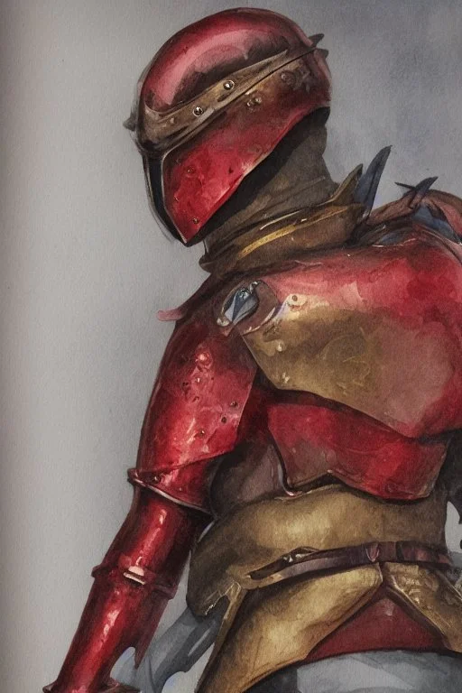 dnd, fantasy, watercolour, illustration, portrait, red phantom, knight, red plate armour, all red, transparent, veins of golden light in the armour