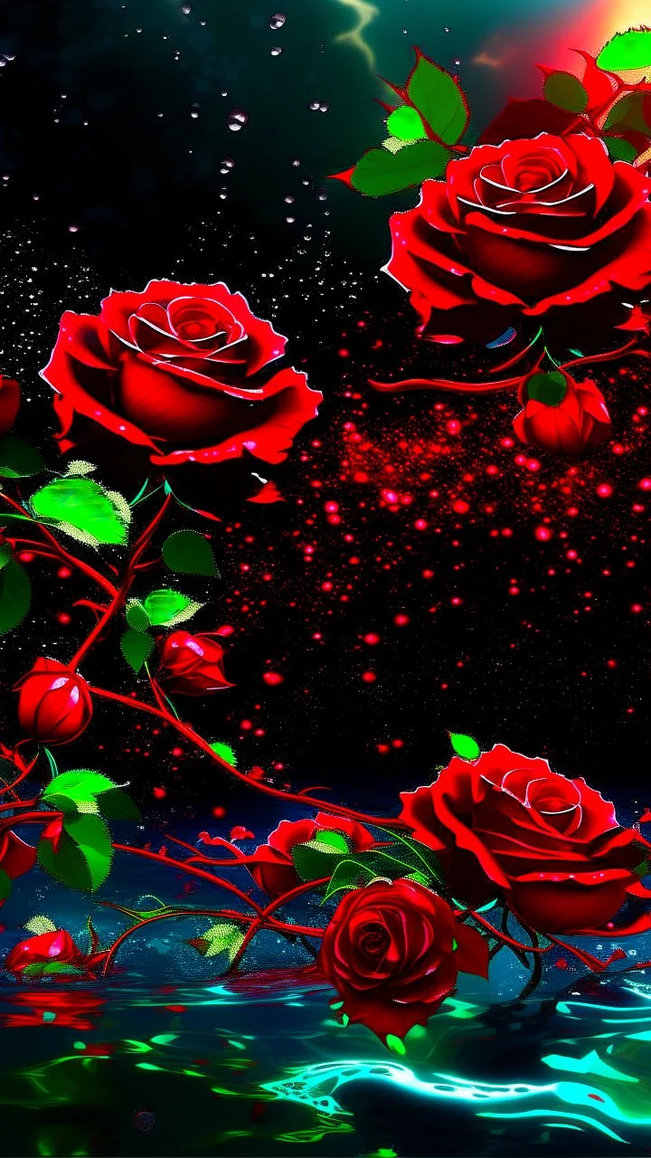 The image is a digital artwork that depicts a branch of tree of Red roses and leaves tangling in to a water in the river with aThe rose floats on the surface of the water, creating a wave-like effect. The background is black, which makes a branch of a tree of red roses stand out even more. Water droplets are scattered adding to the dreamy, ethereal quality of the image.all leaves and background are red