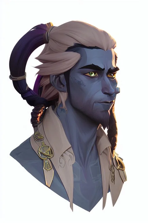 A tieffelin with blue skin and white Dreadlock hair. His pupil-less eyes are green. He wears a small beard.
