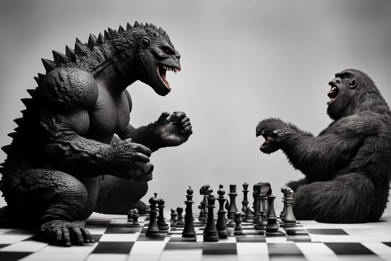 a Godzilla and king kong playing a game of chess