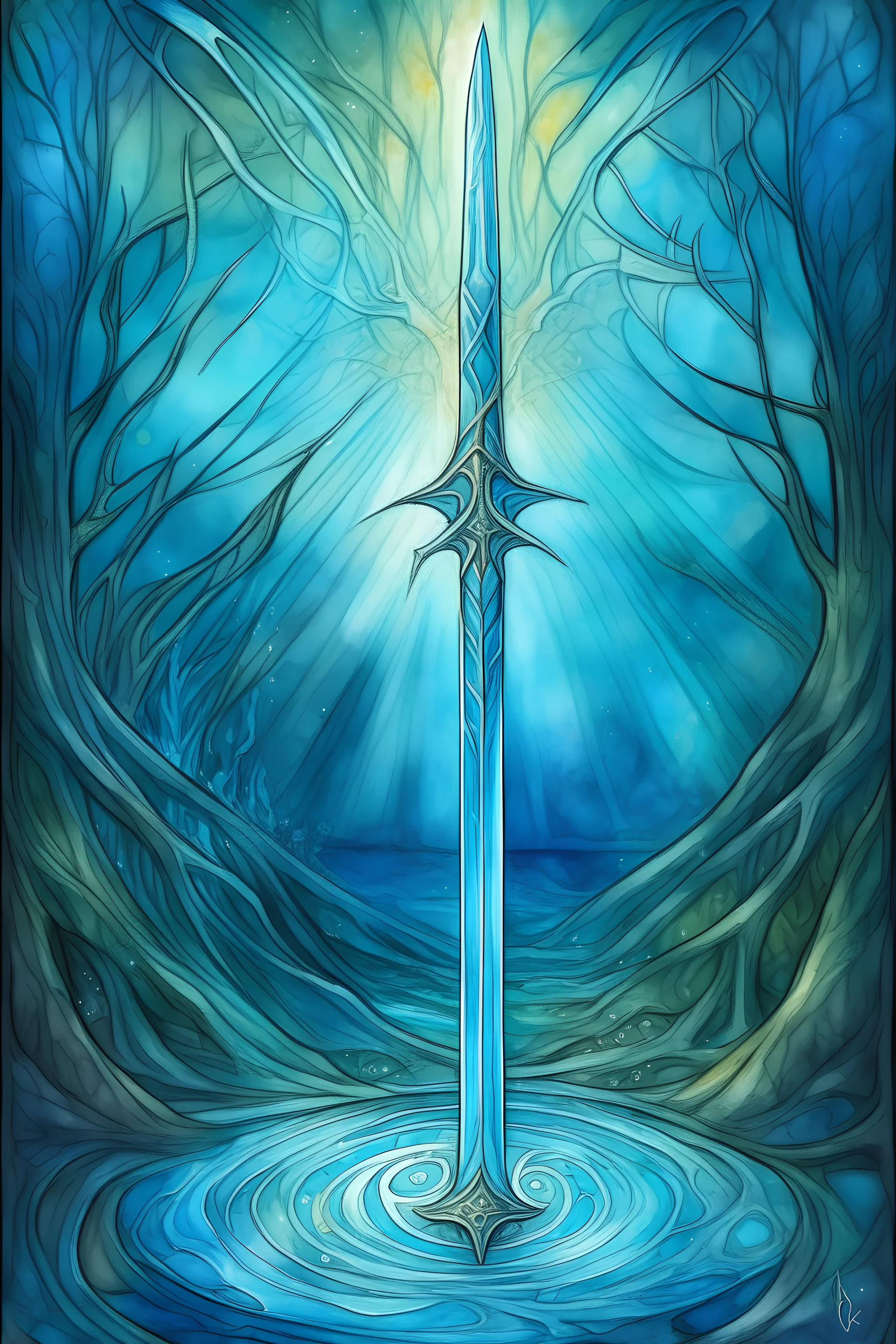 Ace of SWORDS tarot card arising hand from the water, a dreamy and mystical appearance magical runes glowing, shiny and shimmering, drawn with crayons, mystical moonlight ethereal aura surroundings, soft and dreamy color palette, artistic, hand-drawn, mystical, fantasy, ethereal aura, soft color palette, dreamy lighting with blue palette of colors