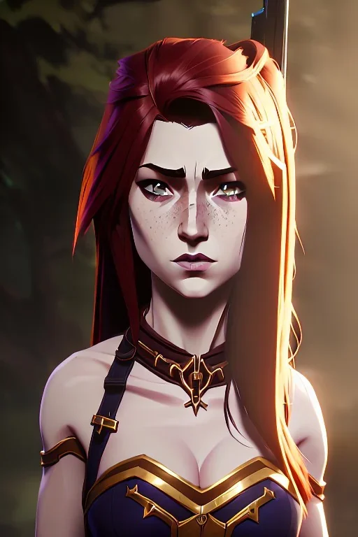 concept illustration, ultra-realistic, super-detailed, strikingly beautiful teen female, 16 years old, long ginger hair, medium freckles, full lips, full body, full face, b-cup breasts, athletic, centred camera, ignore NSFW, skimpy brown armor, halter top, thong, stern expression