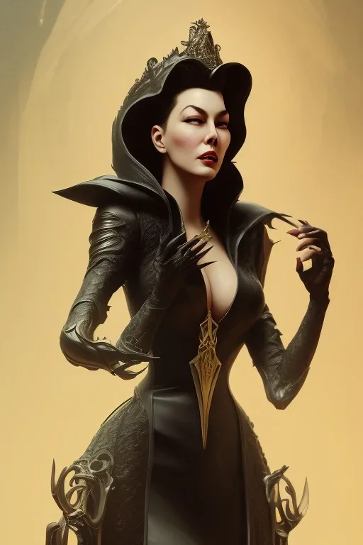 Ava Gardner as evil queen in black leather, busty, cleavage, curvy, angry, stern look. character design by cory loftis, fenghua zhong, ryohei hase, ismail inceoglu and ruan jia. unreal engine 5, artistic lighting, highly detailed, photorealistic, fantasy