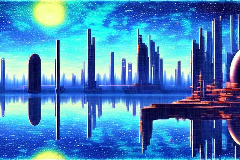 Science fiction Cyberpunk buildings, exoplanet, lake, impressionism painting