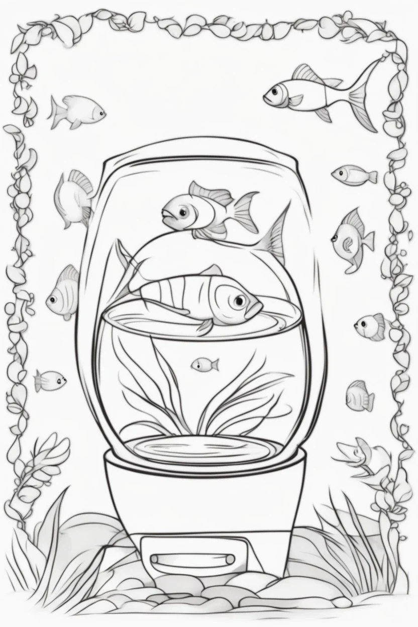 blank colouring book, white blank background, simple picture for toddlers, fish in a glass bowl, disney and pixar style