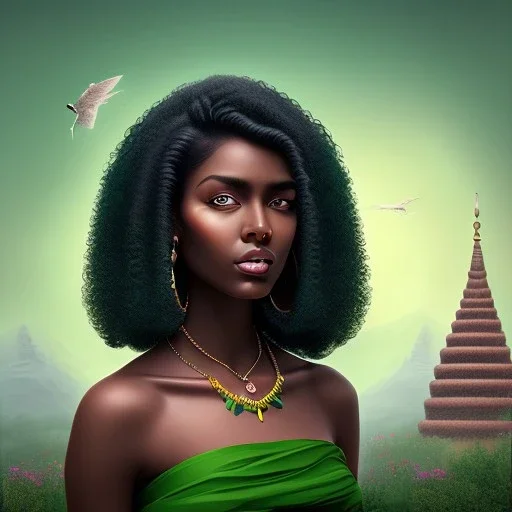 fantasy setting, woman, peau sombre, indienne, cheveux noirs bouclés avec une mèche verte