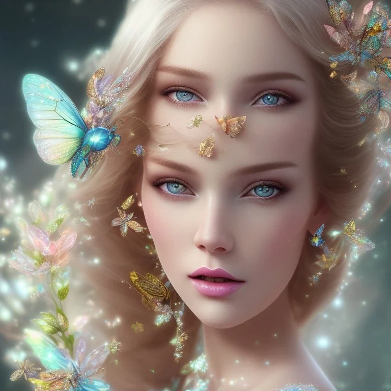 bright fairy, unic beautiful kind portrait, blond hair,blue eyes, flowery luminous pastel colors, butterfly