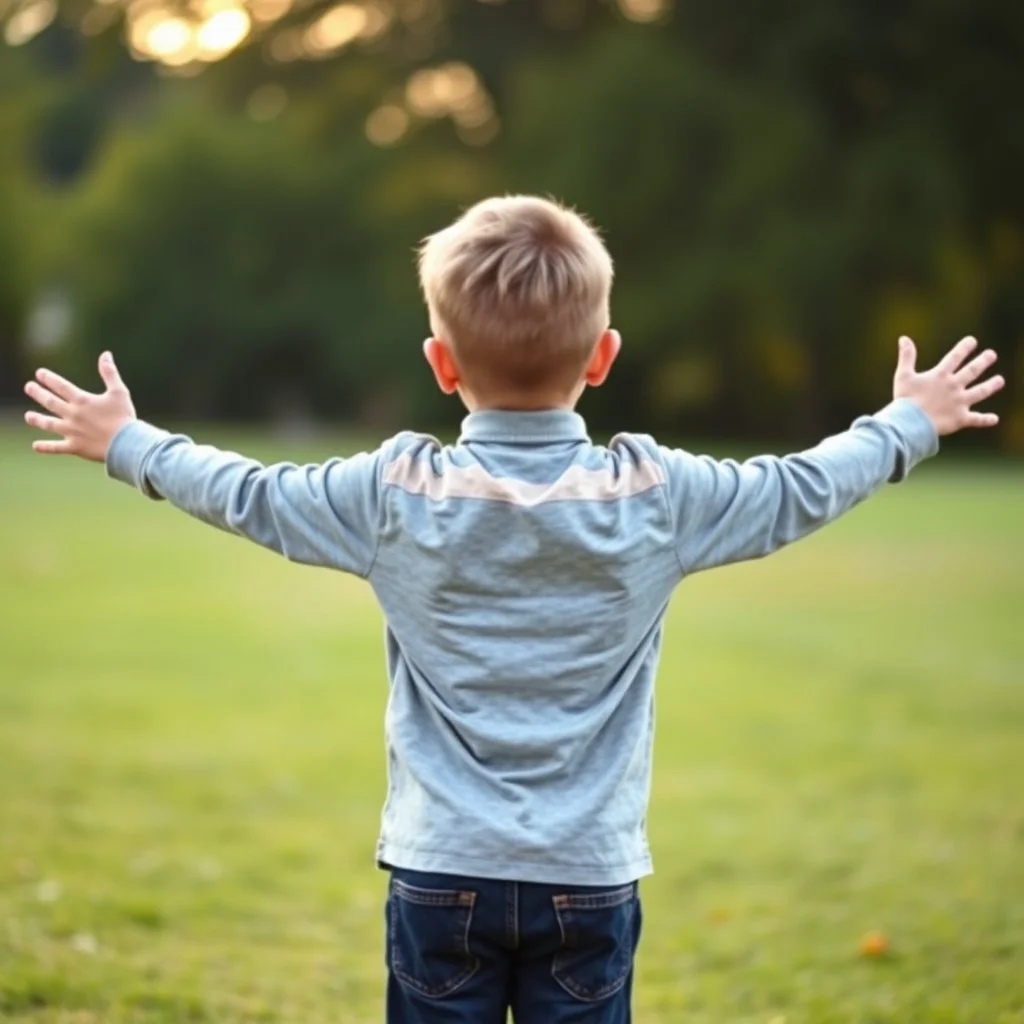 12 year old boy from behind with arms outstretched