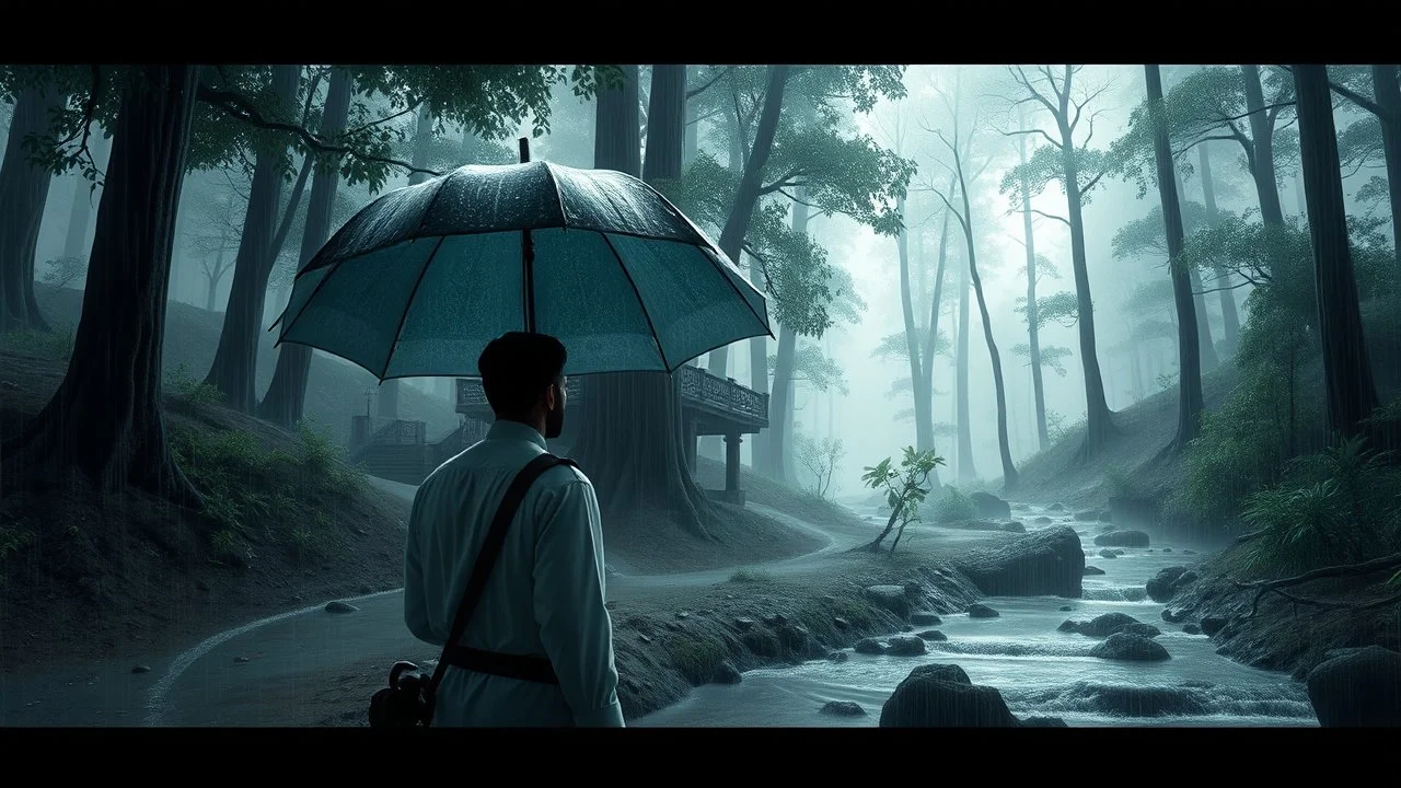 fantasy, On a rainy day, a Middle-Eastern man holds an umbrella while observing The glass House of the Tall Trees, with raindrops glistening on the leaves, a muddy slope, and the sound of the brook amplified by the rainfall., adventure core, soft and dreamy depictions, epic eerie, deep teal and light grey color scheme, volumetric lighting,dimensional 3D illumination