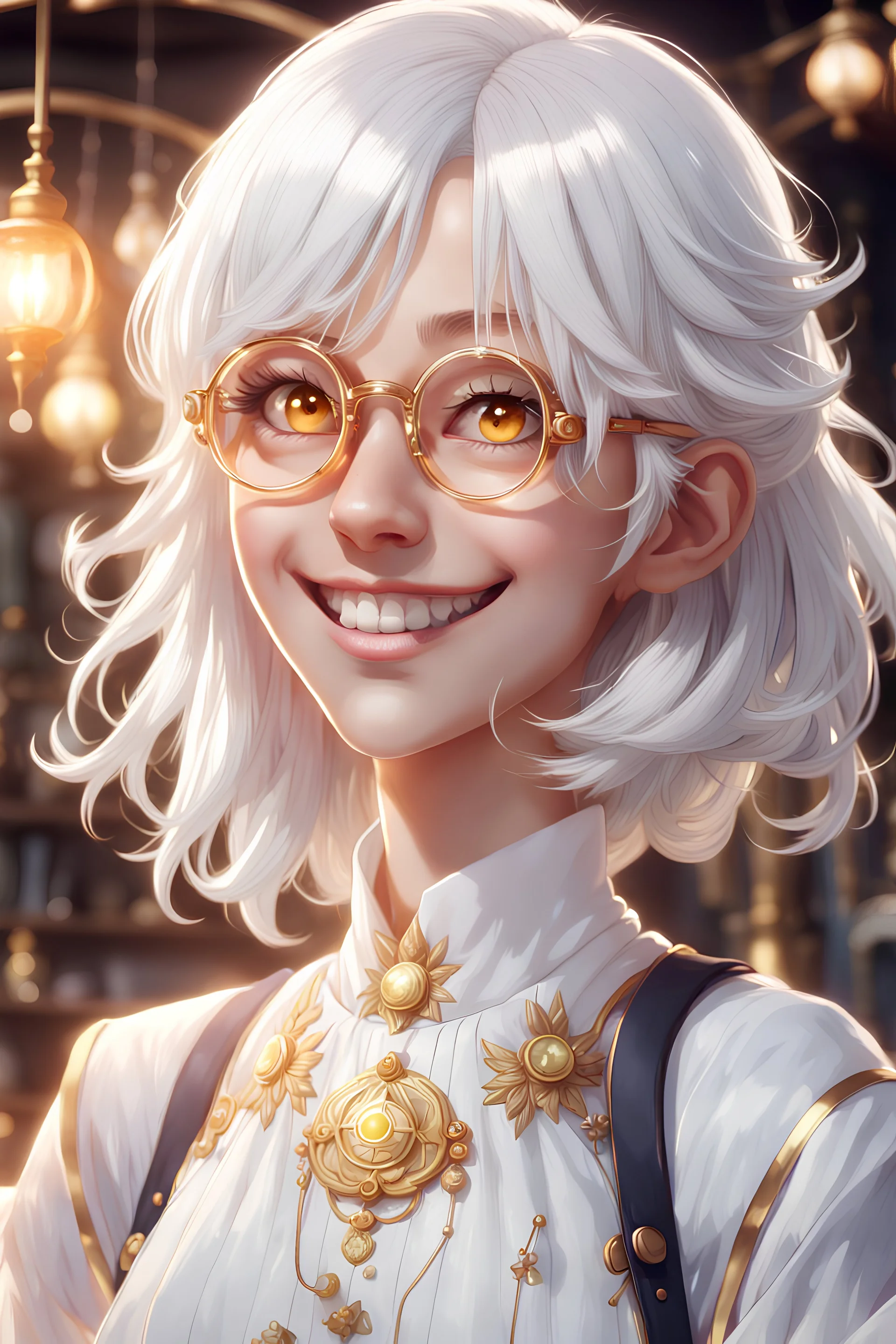 Girl with White hair, Big Round Glasses, White dress, gold eyes, smile, alchemist, high detail, 4k