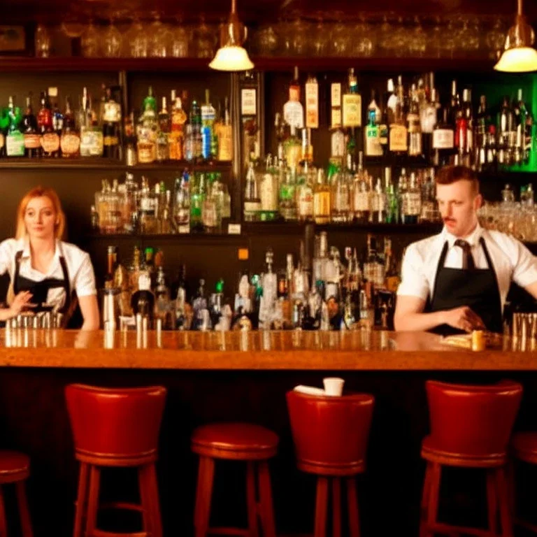 Foto realista de bar irlandés con camarera detrás de la barra y un hombre sentado.