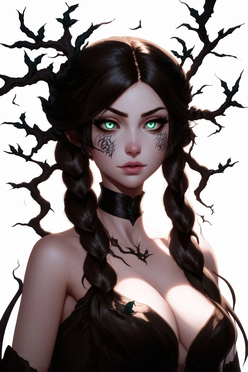 Young beautiful female Hexblood Warlock, long dark brown-black hair styled in elegant half-braids, glowing pale emerald-green eyes, delicate facial features. Thin twisted black thorn-like branches grow naturally from one side of her head, weaving seamlessly through her hair like an eerie crown, with tiny dark leaves and vine-like roots blending into her scalp. Faint dark vine markings trail along her neck and collarbone. Dark fantasy, realistic, cinematic, highly detailed.