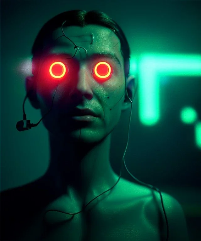 Ultra realistic photographic night portrait, cinematic, <pretty woman> <hanging wires> <retro monitor> many wires coming out of the head <perfect pupil> <cyborg arm> <garage> <wide angle Shot> <sci-fi futuristic> <thriller>, neon lights, color fog, soft color, highly detailed, unreal engine 5, ray tracing, RTX, lumen lighting, ultra detail, volumetric lighting, high definition.